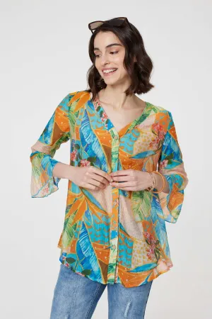 Leaf Print Button Front Blouse