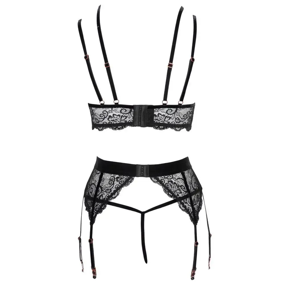 Abierta Fina Black Lacey Open Suspender Bra Set