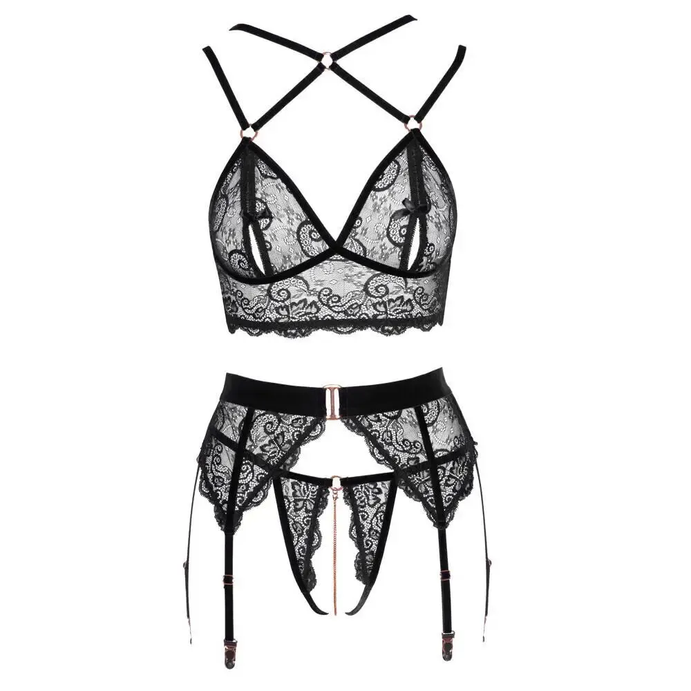 Abierta Fina Black Lacey Open Suspender Bra Set