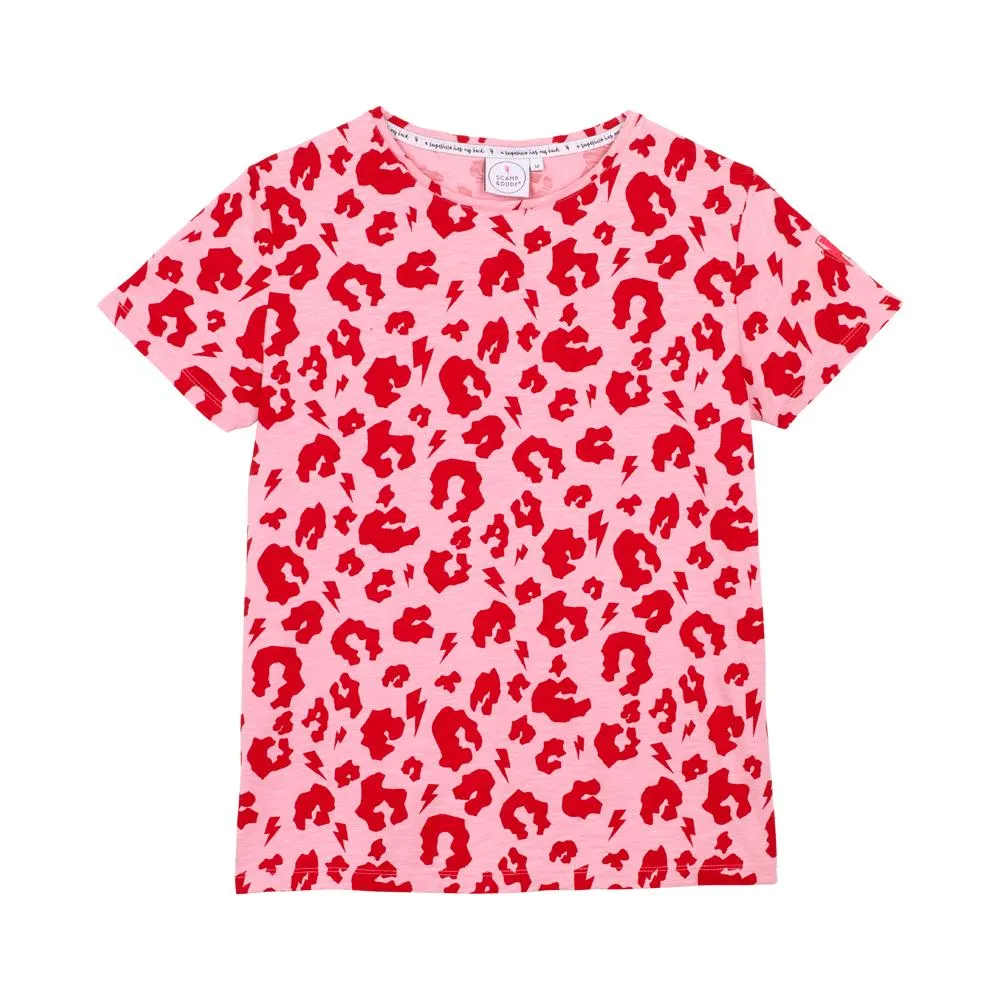 Adult T-shirt - Pink with red leopard and lightning bolt