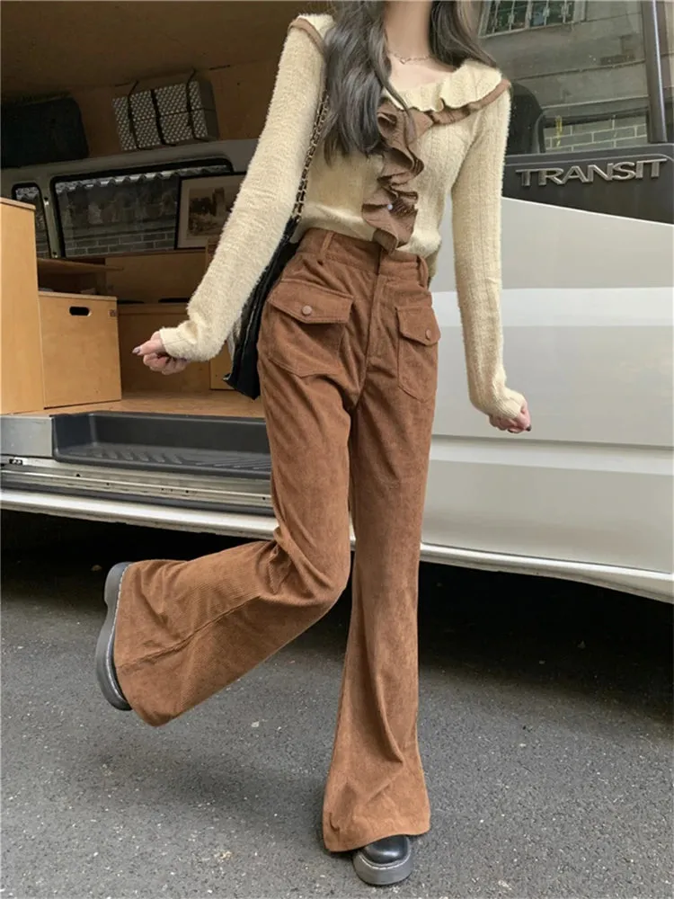 Advbridge  -  Women's Coffee Colored Corduroy Micro Flared Pants Street Style Fashion Female High Waisted Straight Wide Leg Trousers