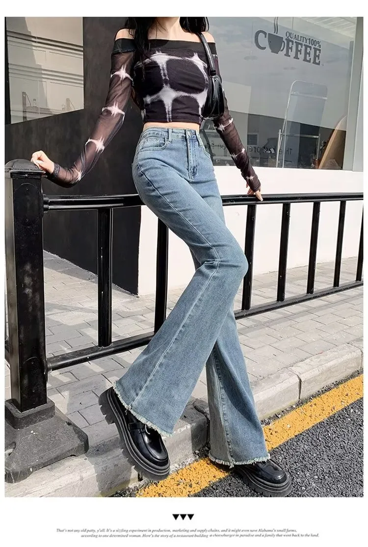 Aiertu fall outfits women Spring and Autumn Retro Blue Micro Flared Pants Women's High Waist Slimming Wide Leg American Hot Girl Frayed Horseshoe Pants Autumn Stretch Pants