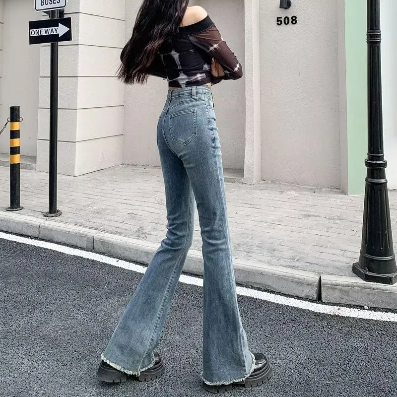 Aiertu fall outfits women Spring and Autumn Retro Blue Micro Flared Pants Women's High Waist Slimming Wide Leg American Hot Girl Frayed Horseshoe Pants Autumn Stretch Pants