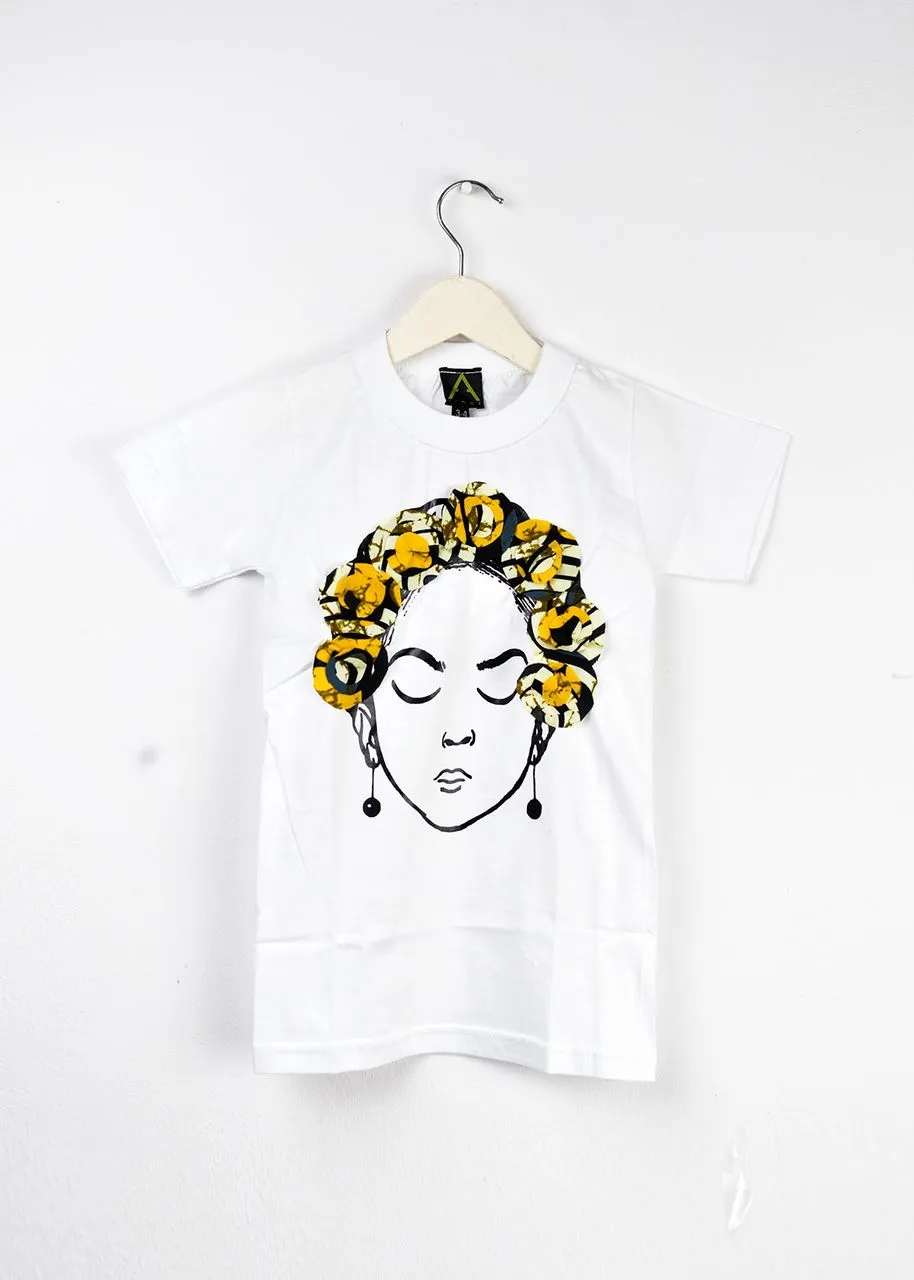 Aimas Flower Crown neck Tee shirt with girl image and adire flower crown