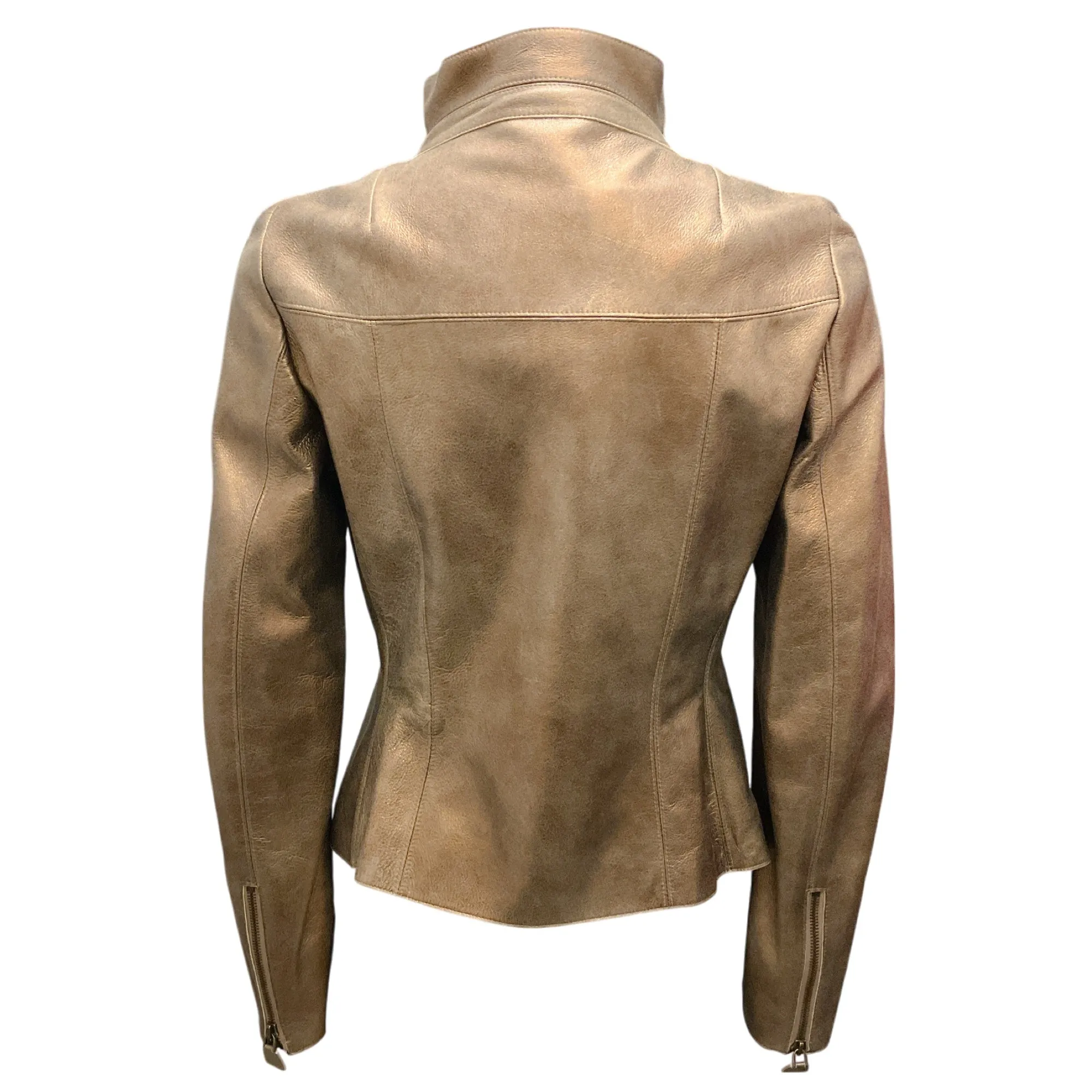 Akris Bronze Metallic Moto Zip Lambskin Leather Jacket