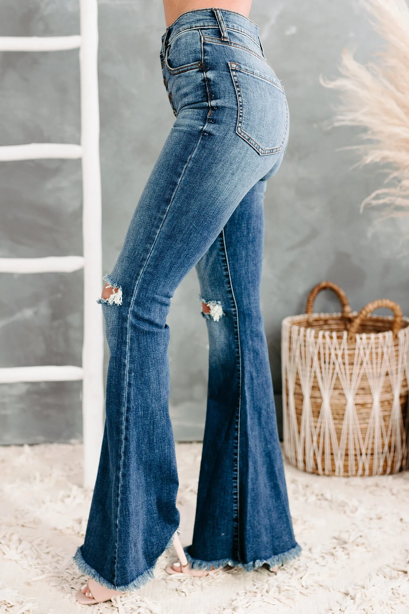 All Flared Up Distressed High Rise Flared Sneak Peek Jeans (Medium Dark)