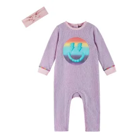 Andy & Evan Purple Long Sleeve Romper with Smiley Graphic