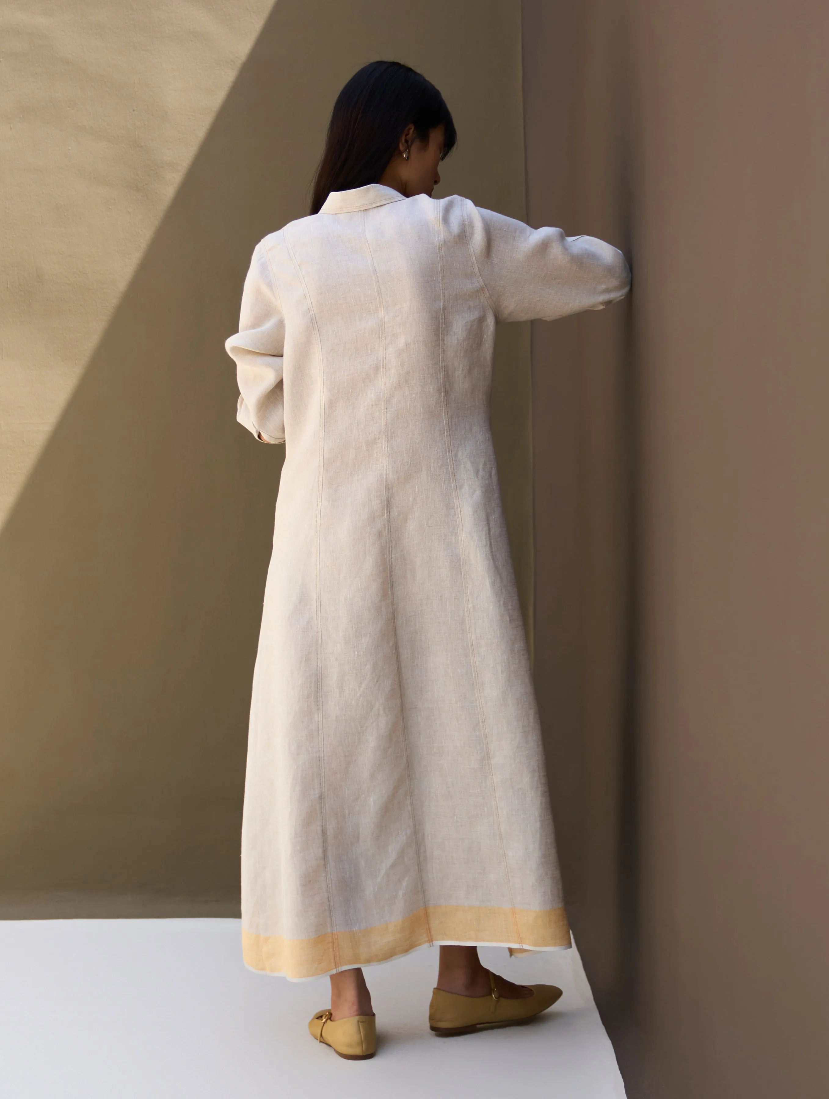 Ani Border Linen Dress - Natural