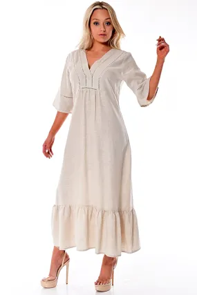 Azucar 100% Linen Ladies 3/4 Sleeves & Ruffled Hem Long Dress in (2) Colors - LLD1695