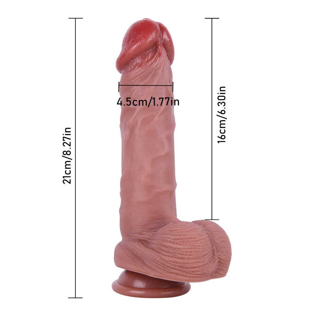 B97 Lifelike Moving Foreskin Dual-Layer Liquid Silicone Suction Cup Dildo with Balls 8.3 Inch