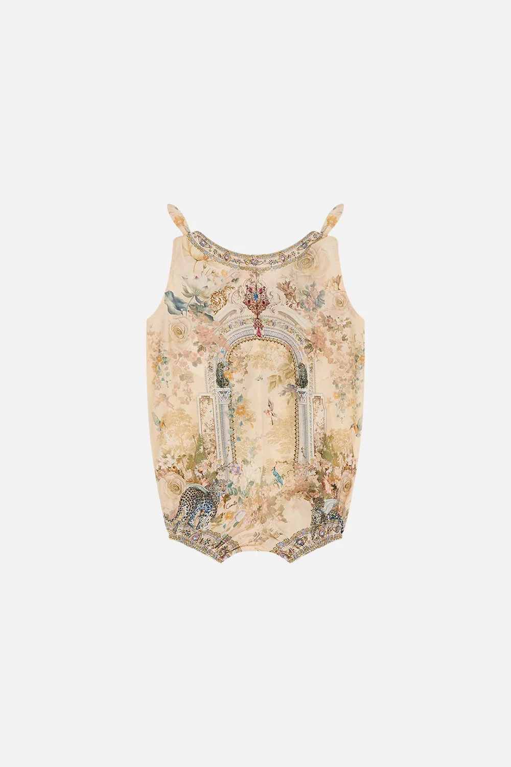 BABIES TIE SHOULDER ROMPER ADORNED IN ANTIQUITY