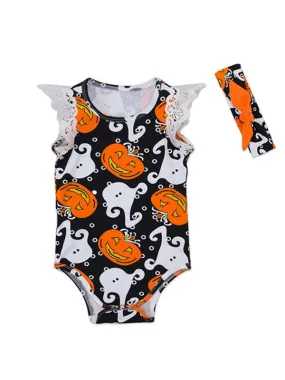 Baby Girls 2-piece Halloween Sleeveless Romper Matching Headband Set