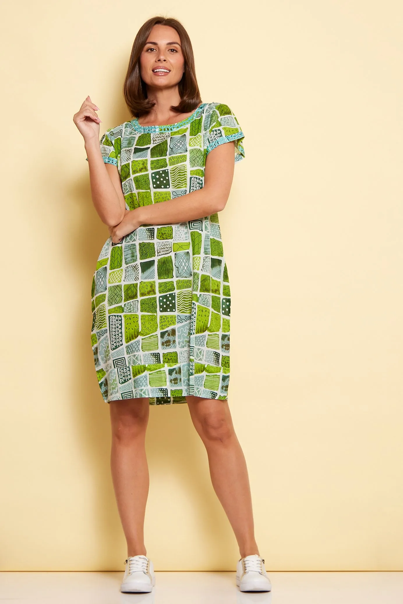 Barbara Petite Cotton Dress - Green Patch