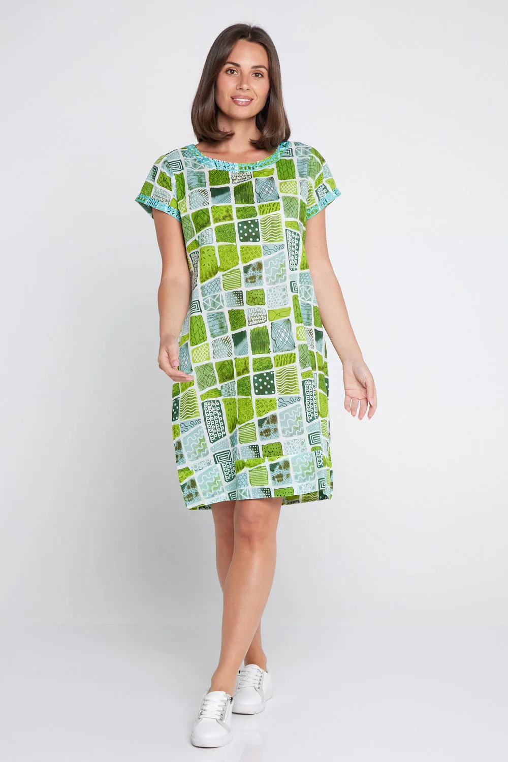 Barbara Petite Cotton Dress - Green Patch