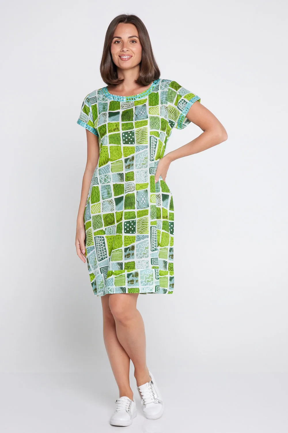 Barbara Petite Cotton Dress - Green Patch