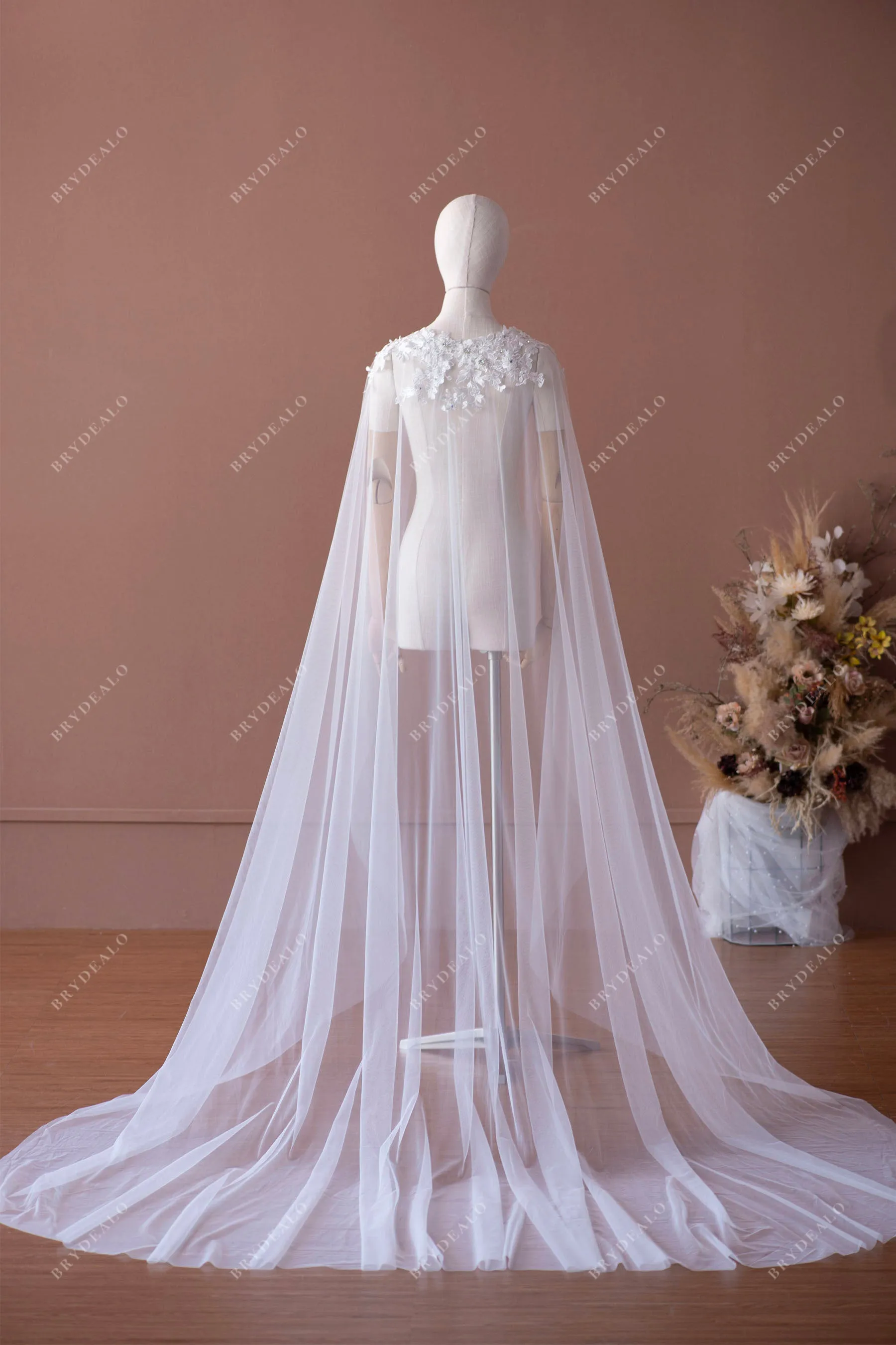 Beaded Flower Lace Tulle Bridal Cape