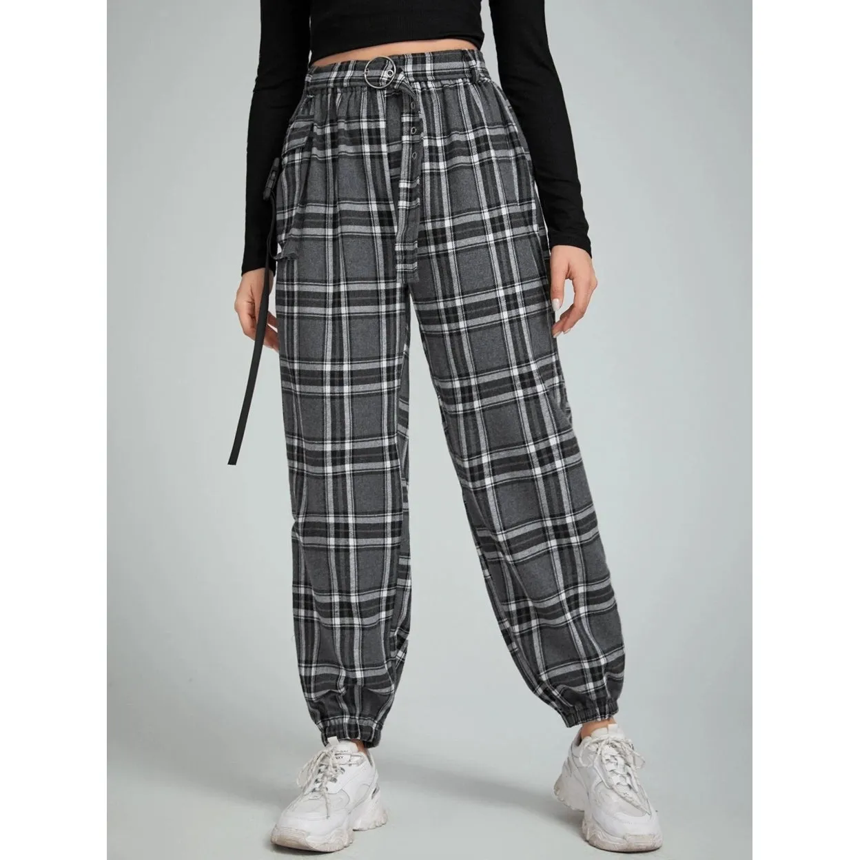 Belted Plaid Joggers