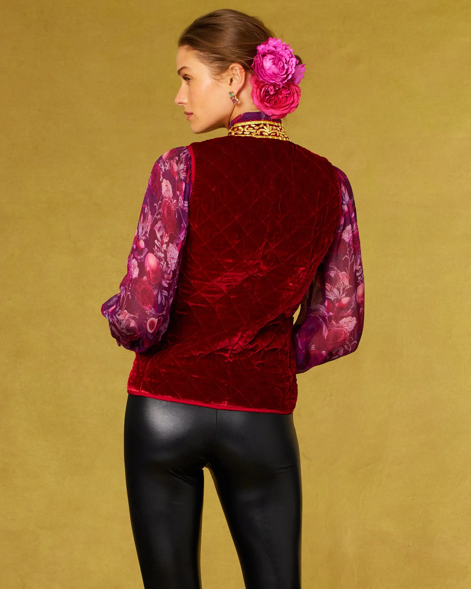 Bentley Quilted Vest in Crimson Red Silk Blend Velvet and Gold Embellishment