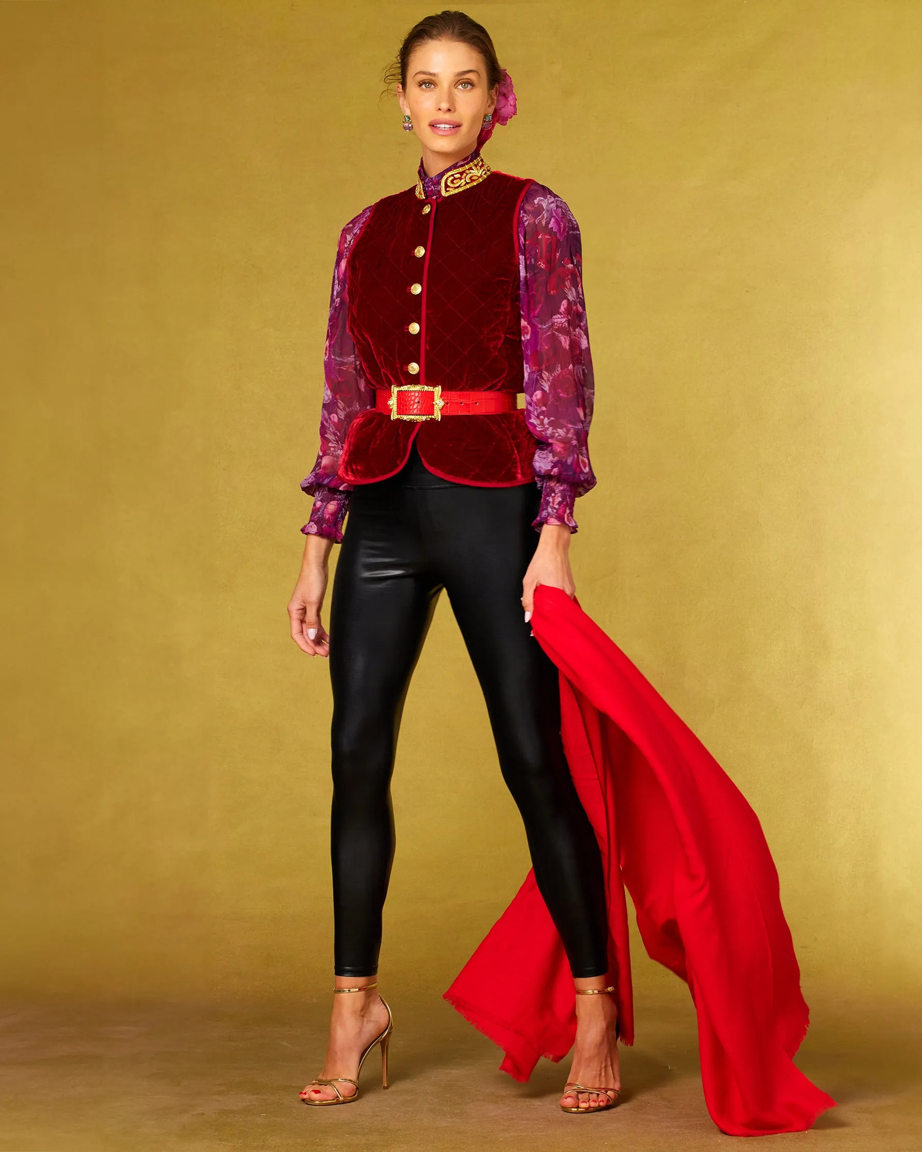 Bentley Quilted Vest in Crimson Red Silk Blend Velvet and Gold Embellishment