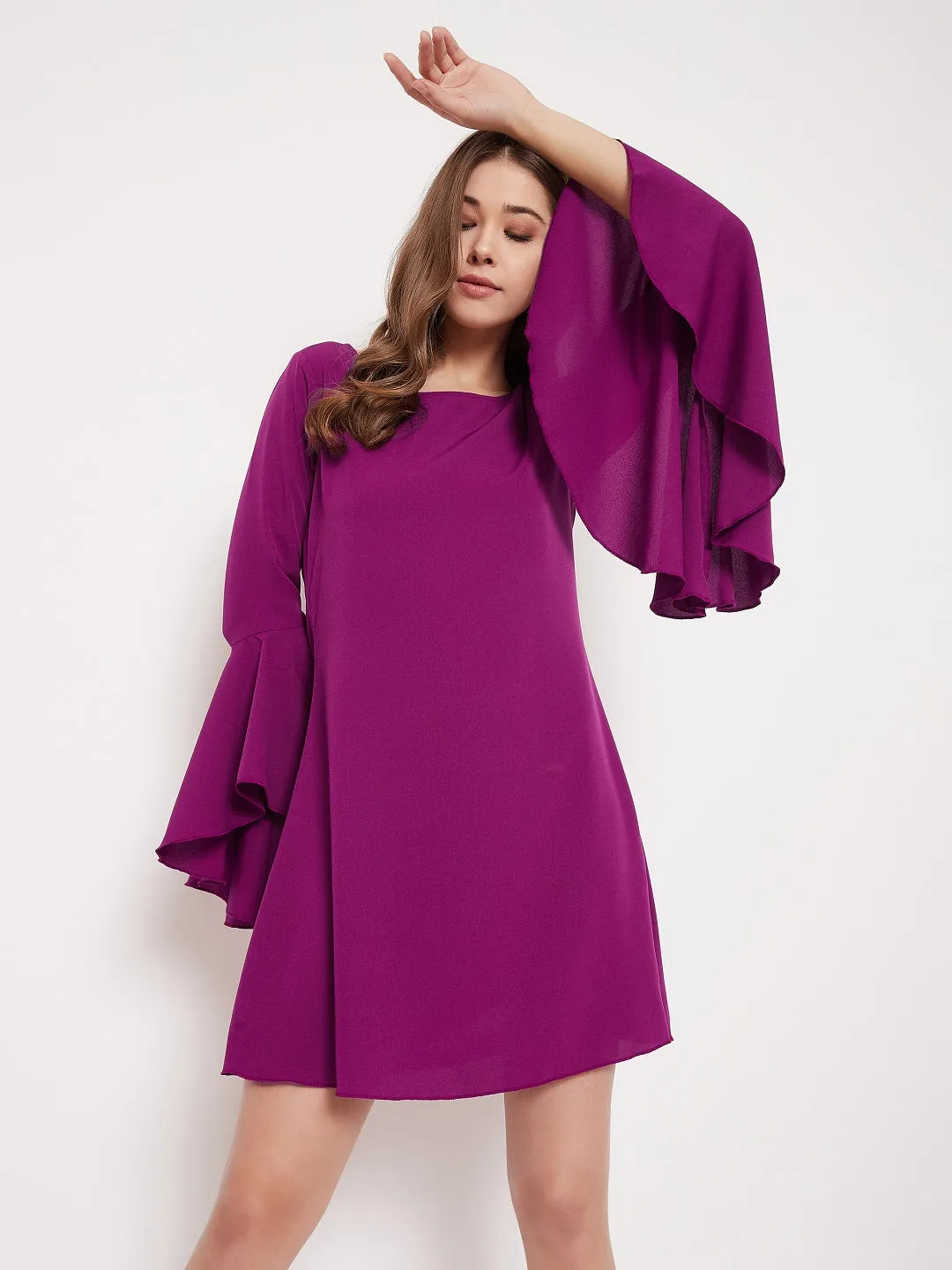 Berrylush Women Solid Purple Bell Sleeves A-Line Mini Dress