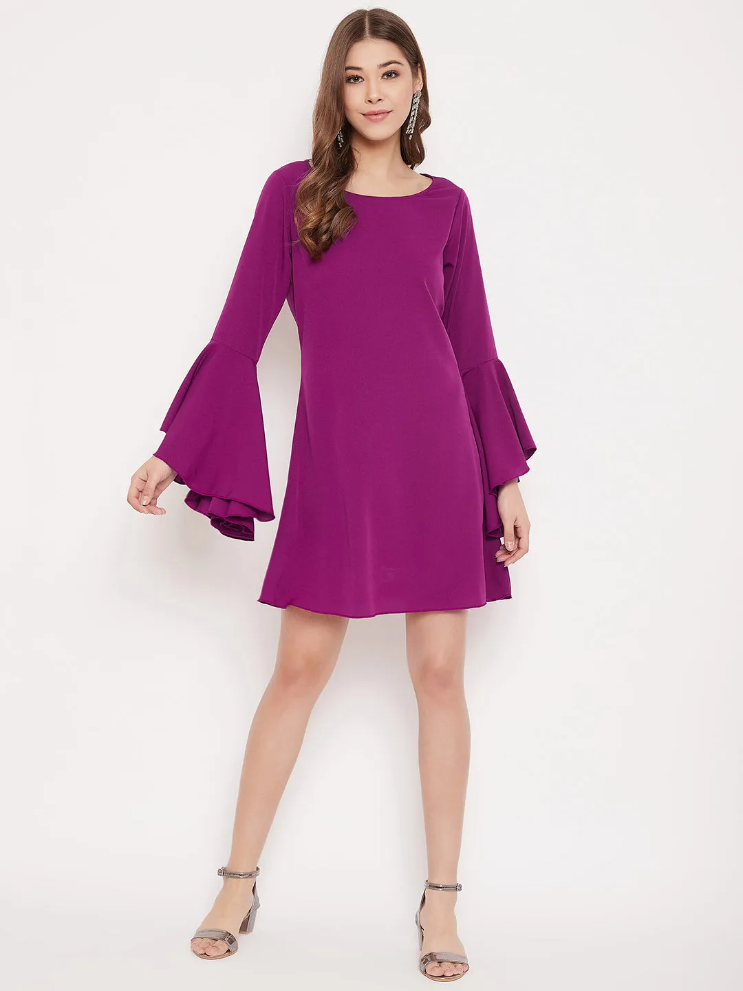 Berrylush Women Solid Purple Bell Sleeves A-Line Mini Dress