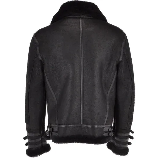 Black Aviator Bomber Shearling Leather Jacket