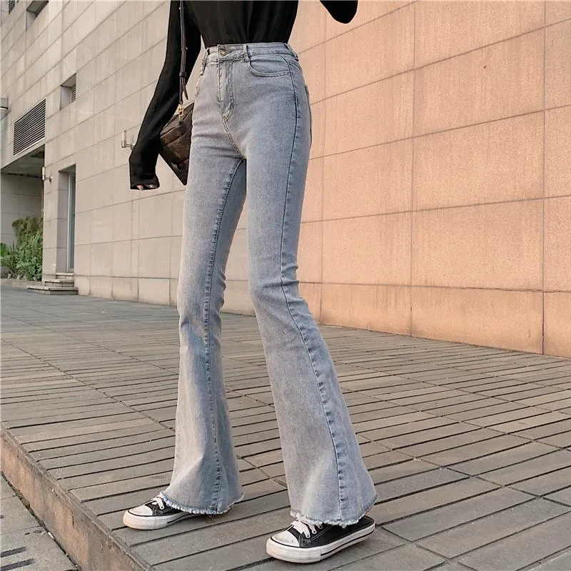 Black Blue Retro Slim Flared High Waist Denim Pants