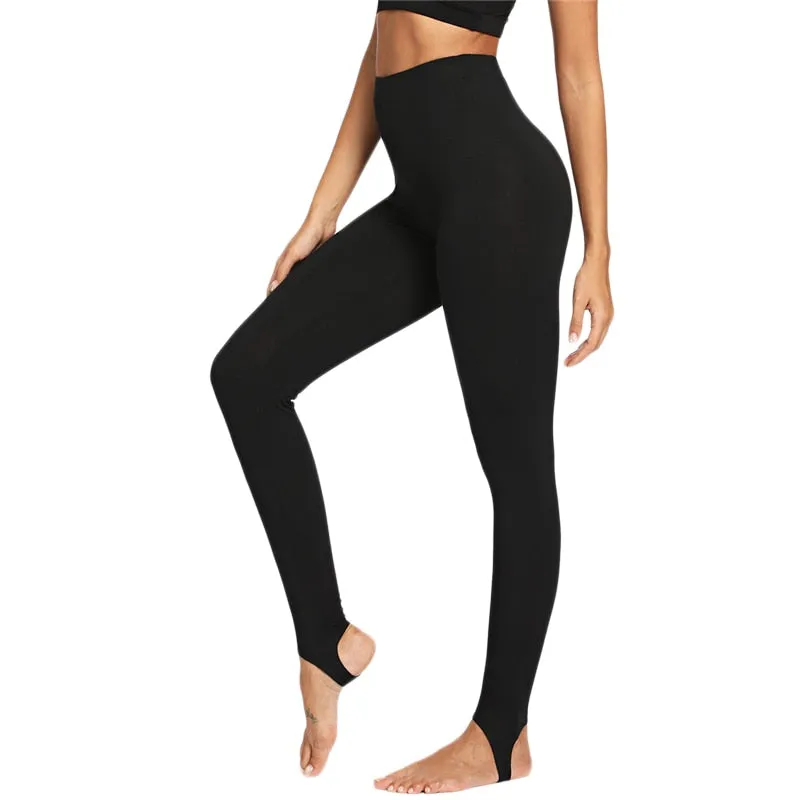 Black Casual High Rise Stirrup Solid Long Skinny Pants Leggings