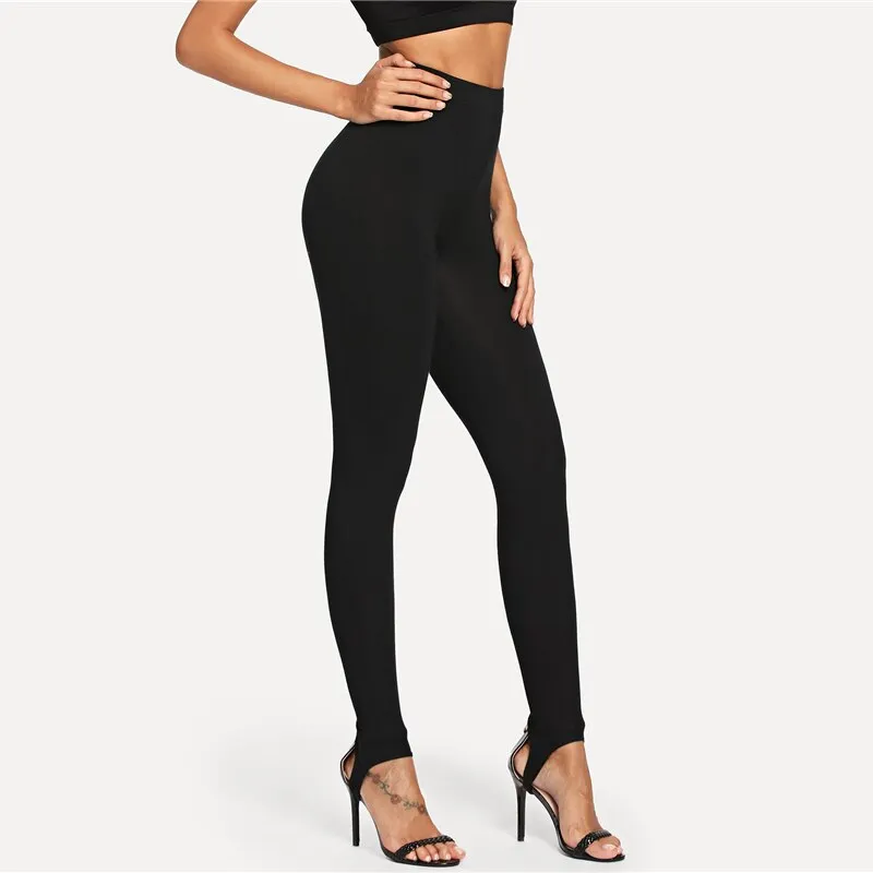 Black Casual High Rise Stirrup Solid Long Skinny Pants Leggings