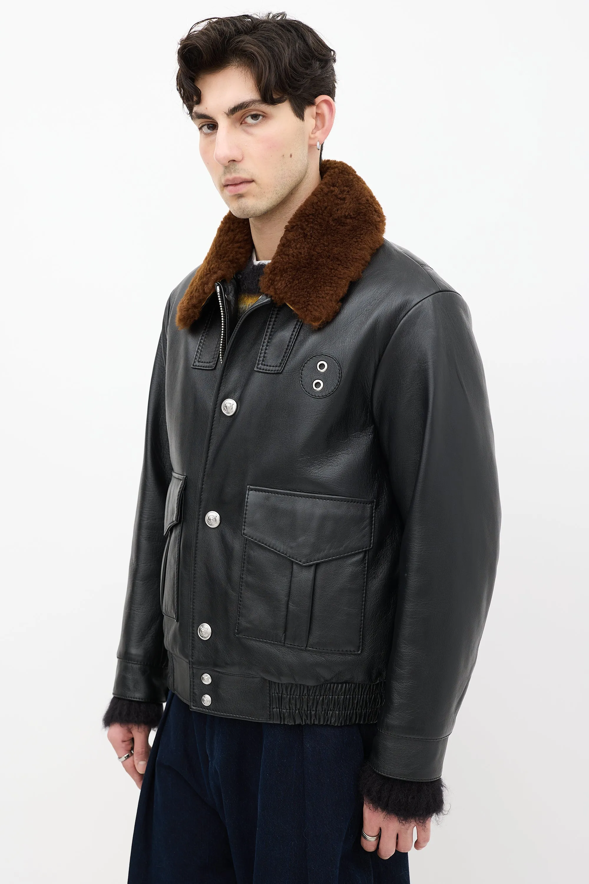 Black Leather & Brown Shearling Leather Jacket