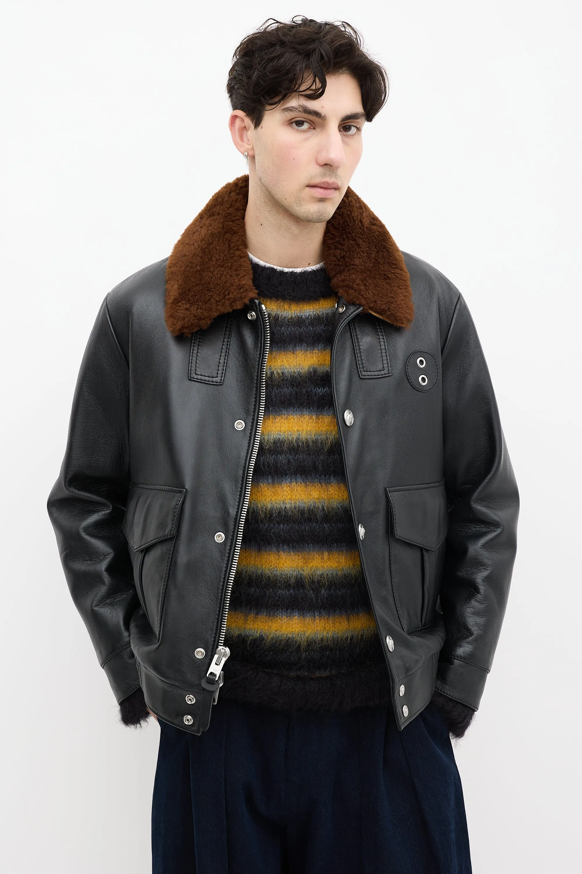 Black Leather & Brown Shearling Leather Jacket