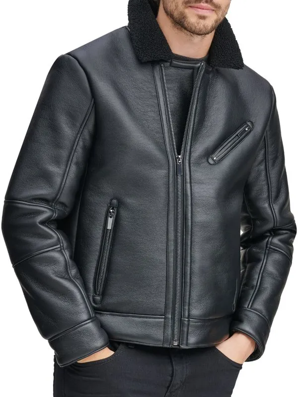 Black Leather Biker Shearling Collar Jacket