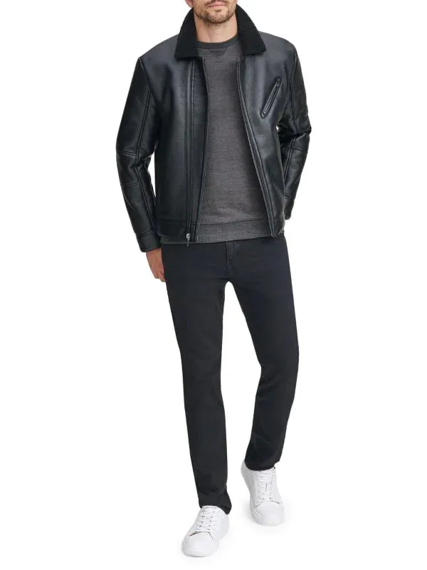 Black Leather Biker Shearling Collar Jacket