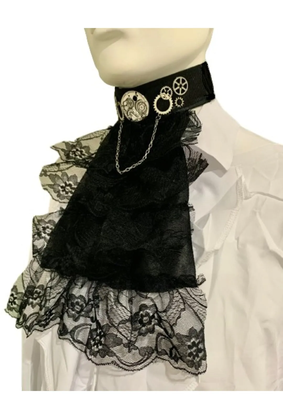 Black Steampunk Jabot Collar with Silver Cogs