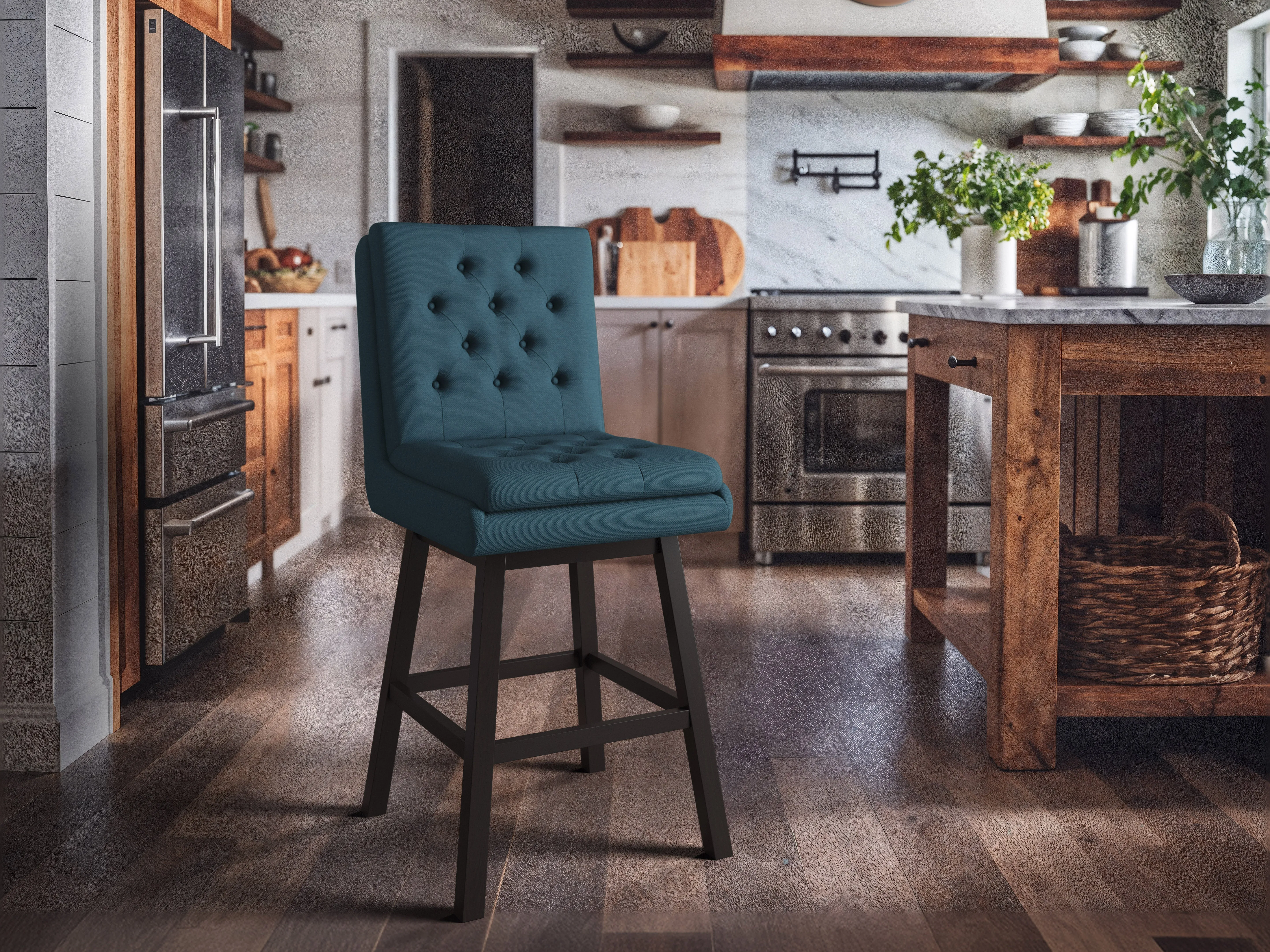 Blue Button Tufted Bar Stools