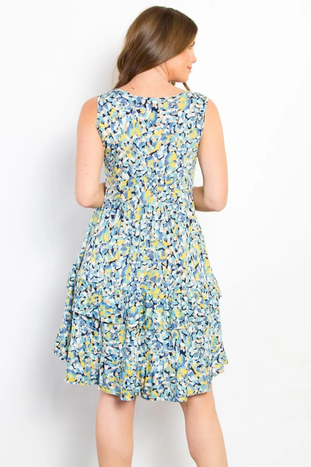 Blue Print Wrinkle Free Fabric Sleeveless Mini Dress