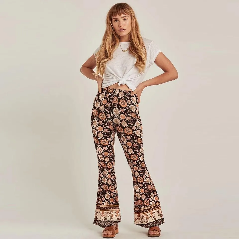 Boho Bell Bottoms Floral Print Pants Elastic Off The Shoulder Gypsy Blouse High Waist Pant Flower Child India Bohemian Print Flared Leg Puffed Long Sleeves Top & Pant Sold Separately Available In Sizes S M L