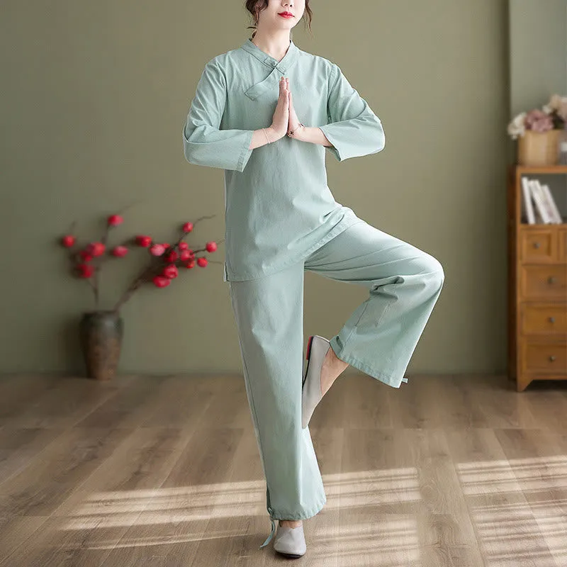 Buddha Stones 2Pcs Long Sleeve V-Neck Shirt Top Pants Meditation Zen Tai Chi Cotton Linen Clothing Women's Set