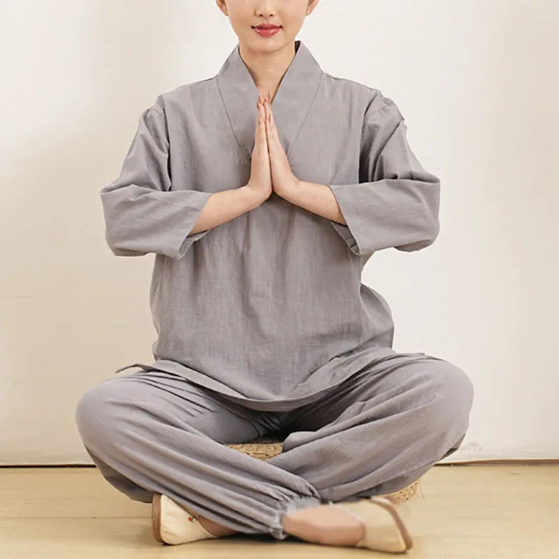 Buddha Stones 2Pcs V-Neck Three Quarter Sleeve Shirt Top Pants Meditation Zen Tai Chi Cotton Linen Clothing Women's Set