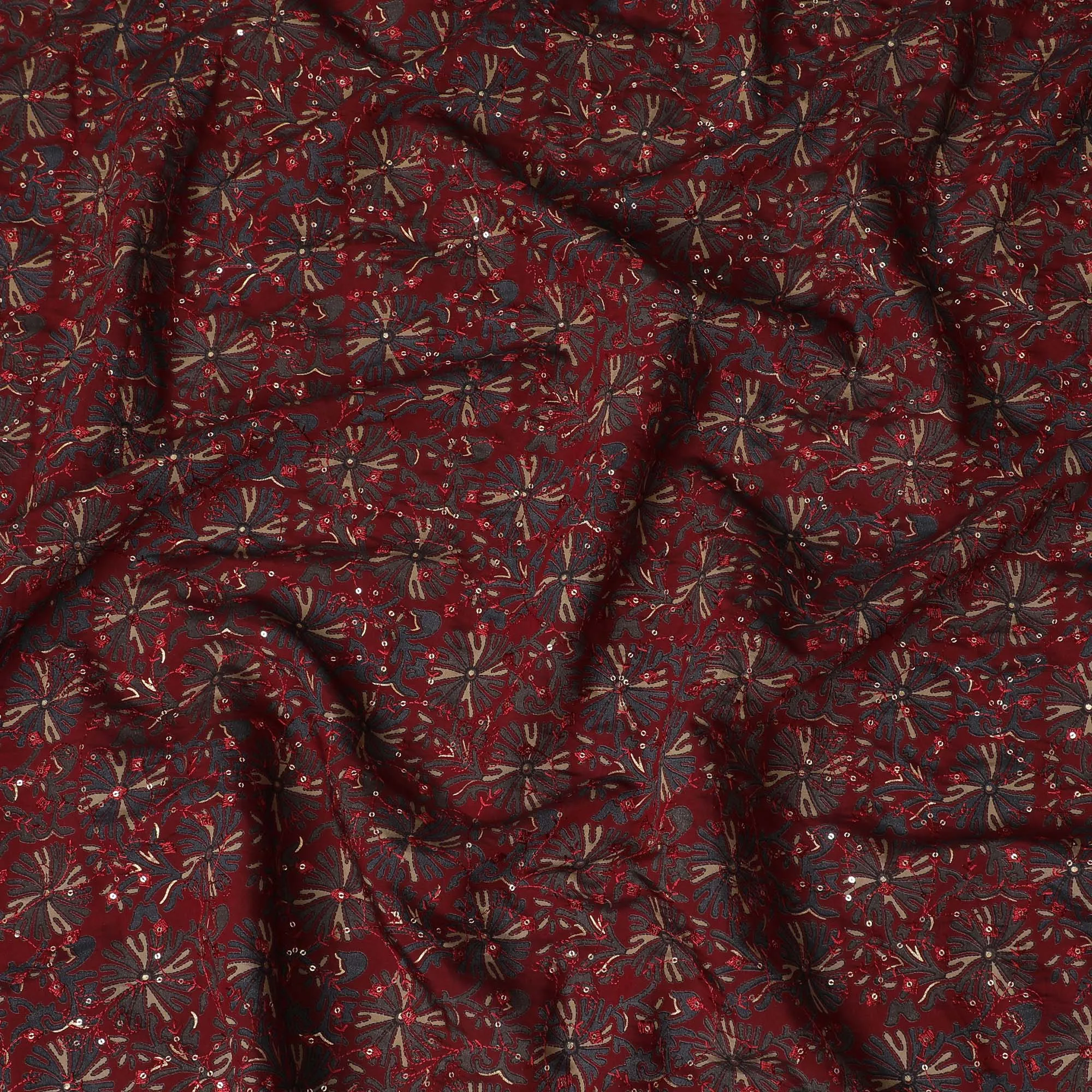 Burgundy Starlight Embroidery Cotton Blend Fabric - 110cm Width-D18959