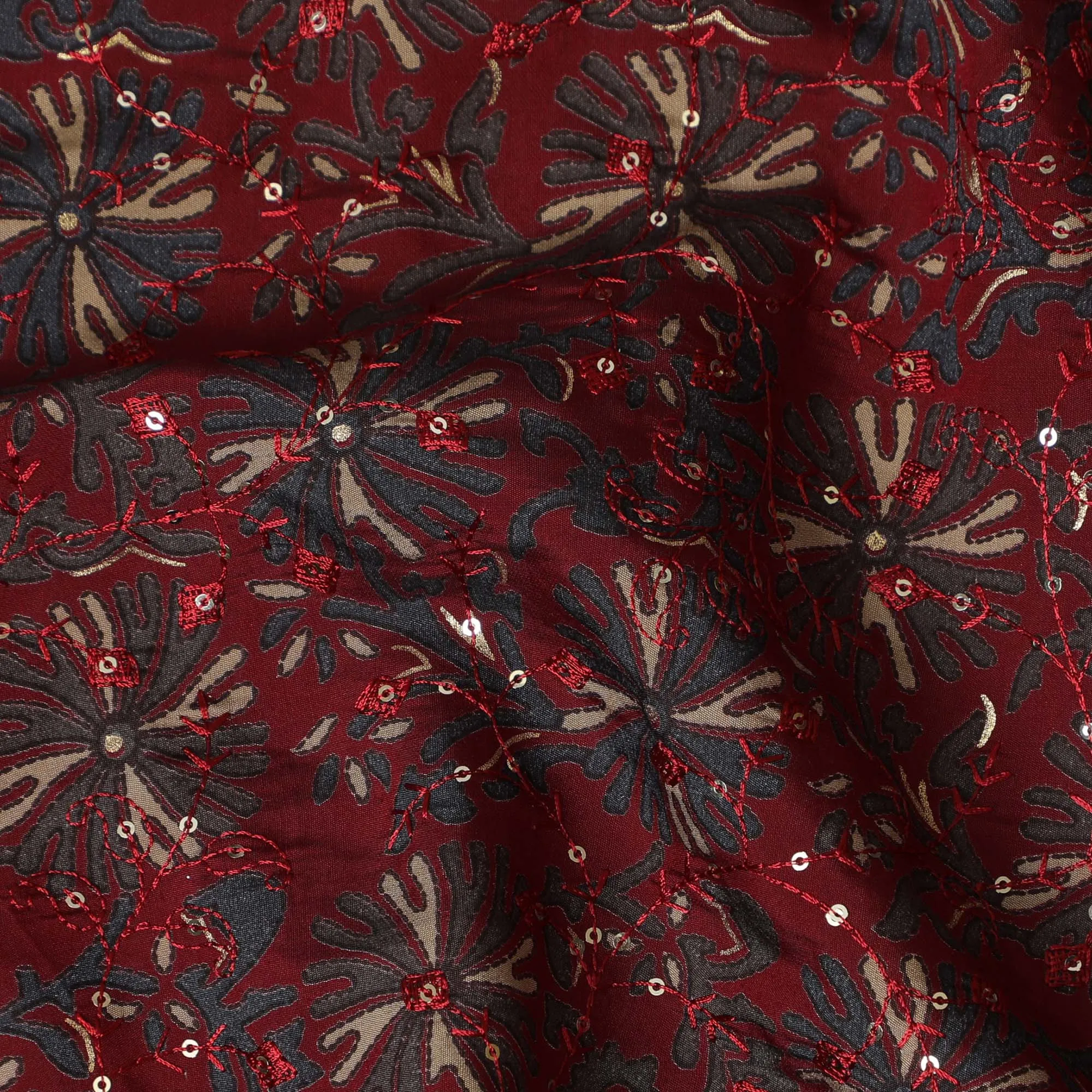 Burgundy Starlight Embroidery Cotton Blend Fabric - 110cm Width-D18959