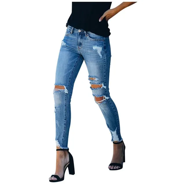 Casual Denim Pencil Ripped Cotton Jeans