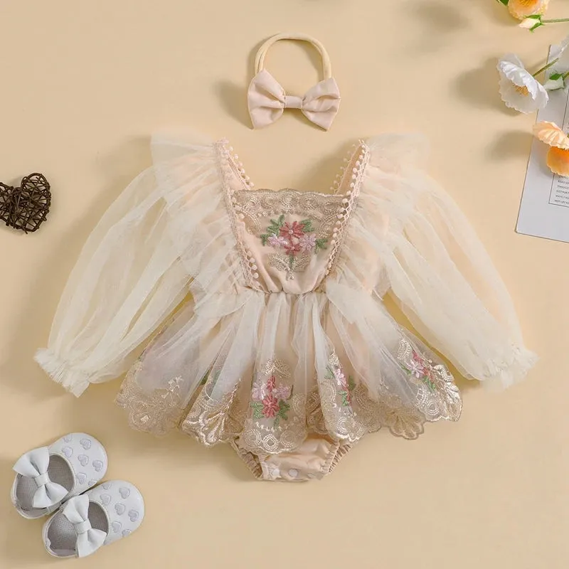 Champagne Embroidered Long Sleeve Romper and Headband #10020033