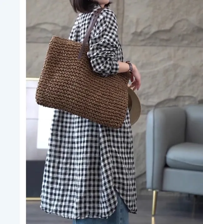 Checkered Long Sleeve Linen Shirt Dress/9939