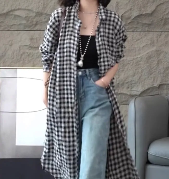 Checkered Long Sleeve Linen Shirt Dress/9939