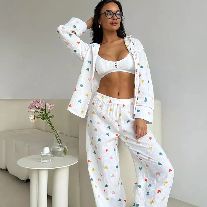 Colored Loving Heart Printed Long Sleeved Trousers Soft Skin Friendly Two Piece Home Wear Women Can Wear outside