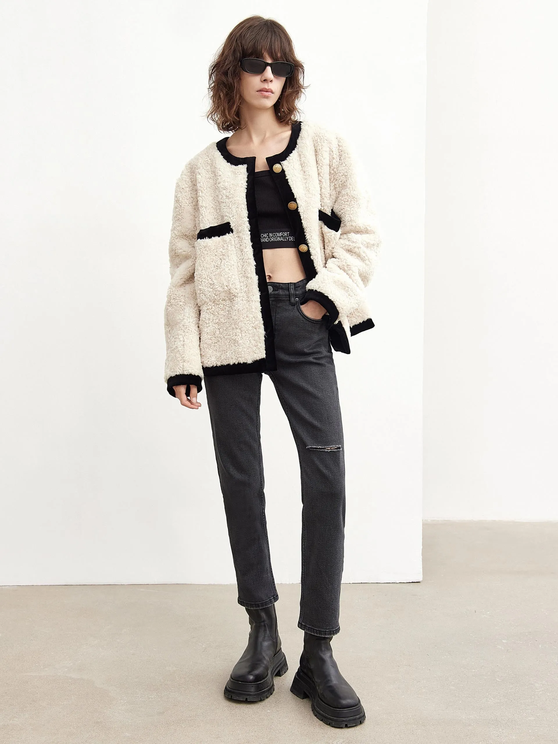 Contrast Textured Collarless Jacket