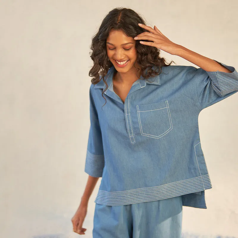 Cotton Denim Blue Top for Women | High-Low Hem