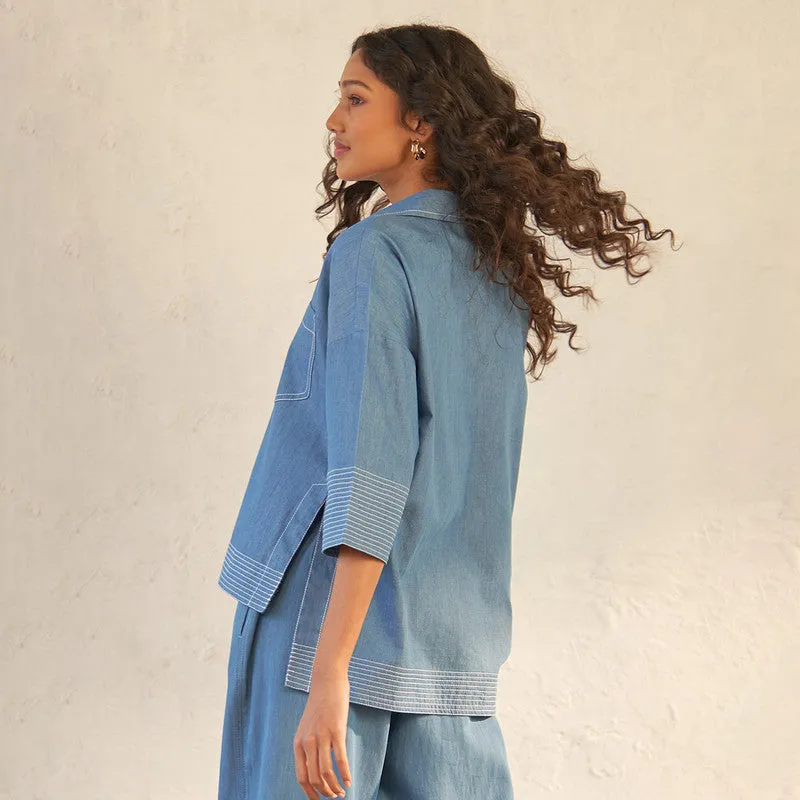 Cotton Denim Blue Top for Women | High-Low Hem