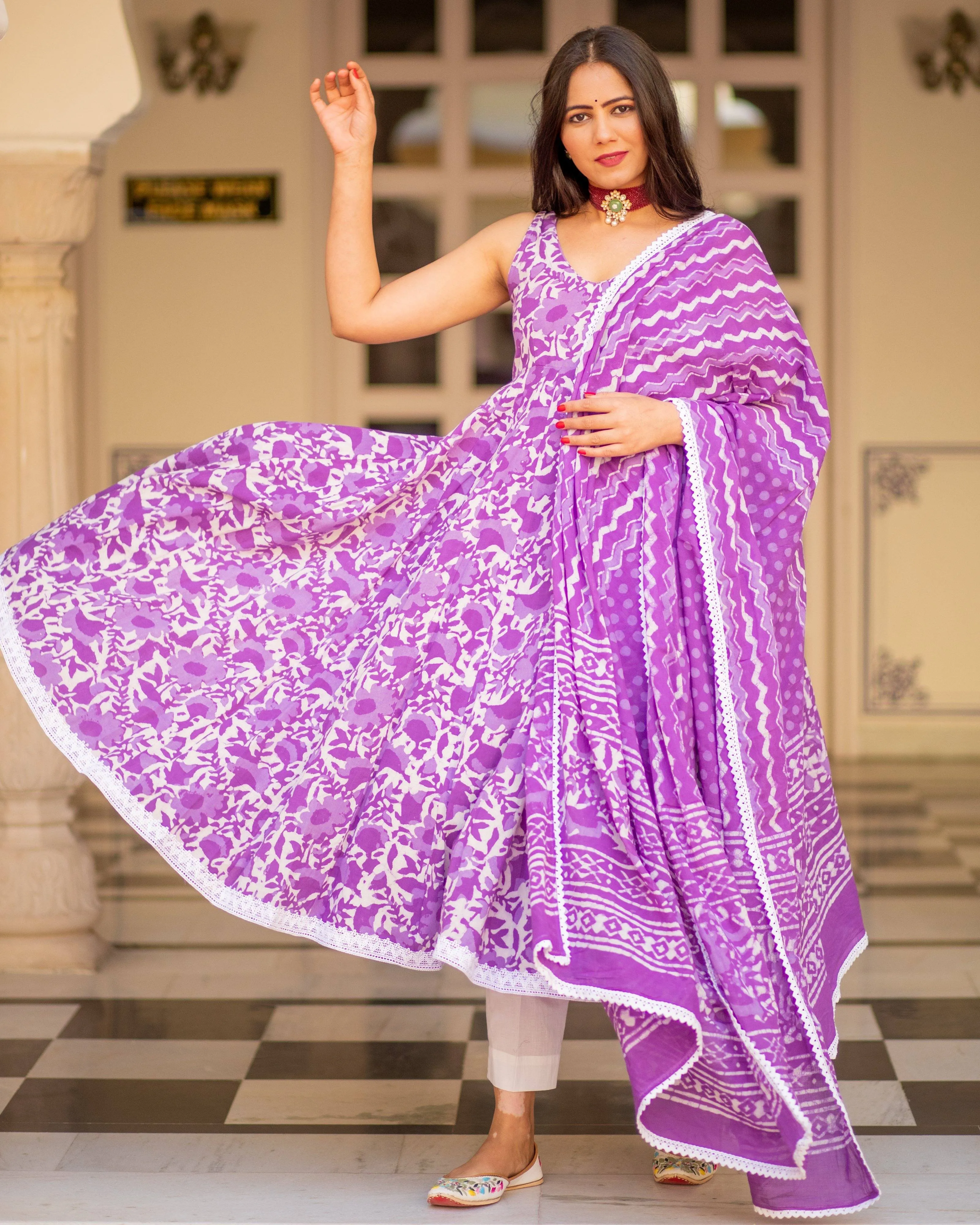 Cotton Dress Set - Purple Colored Dabu Print